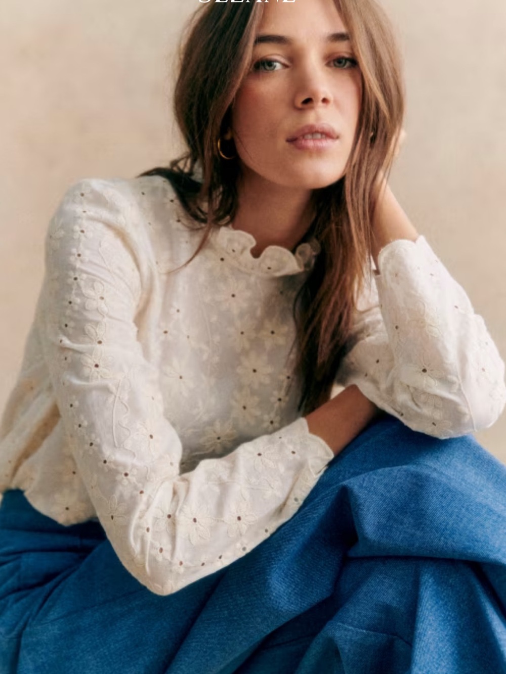 Sezane Cream Eyelet Ruffled Mock-Neck Blouse